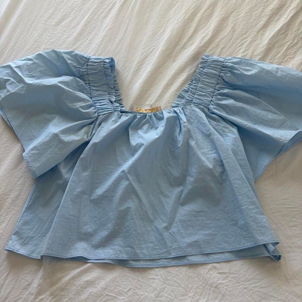 KARLIE Blue Flowy Blouse Short Sleeve Casual Top Womens S